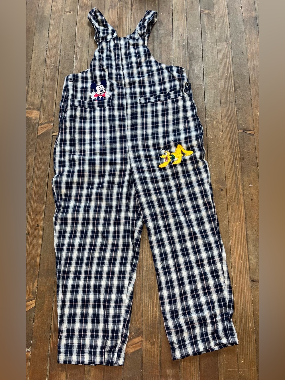 Disney store 4T vintage plaid overalls featuring embroidered Mickey Mouse Pluto